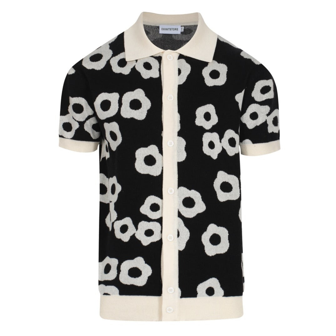 Men's Retro Flower Knit Polo Shirt 60s Mod Black Cream Shirt
