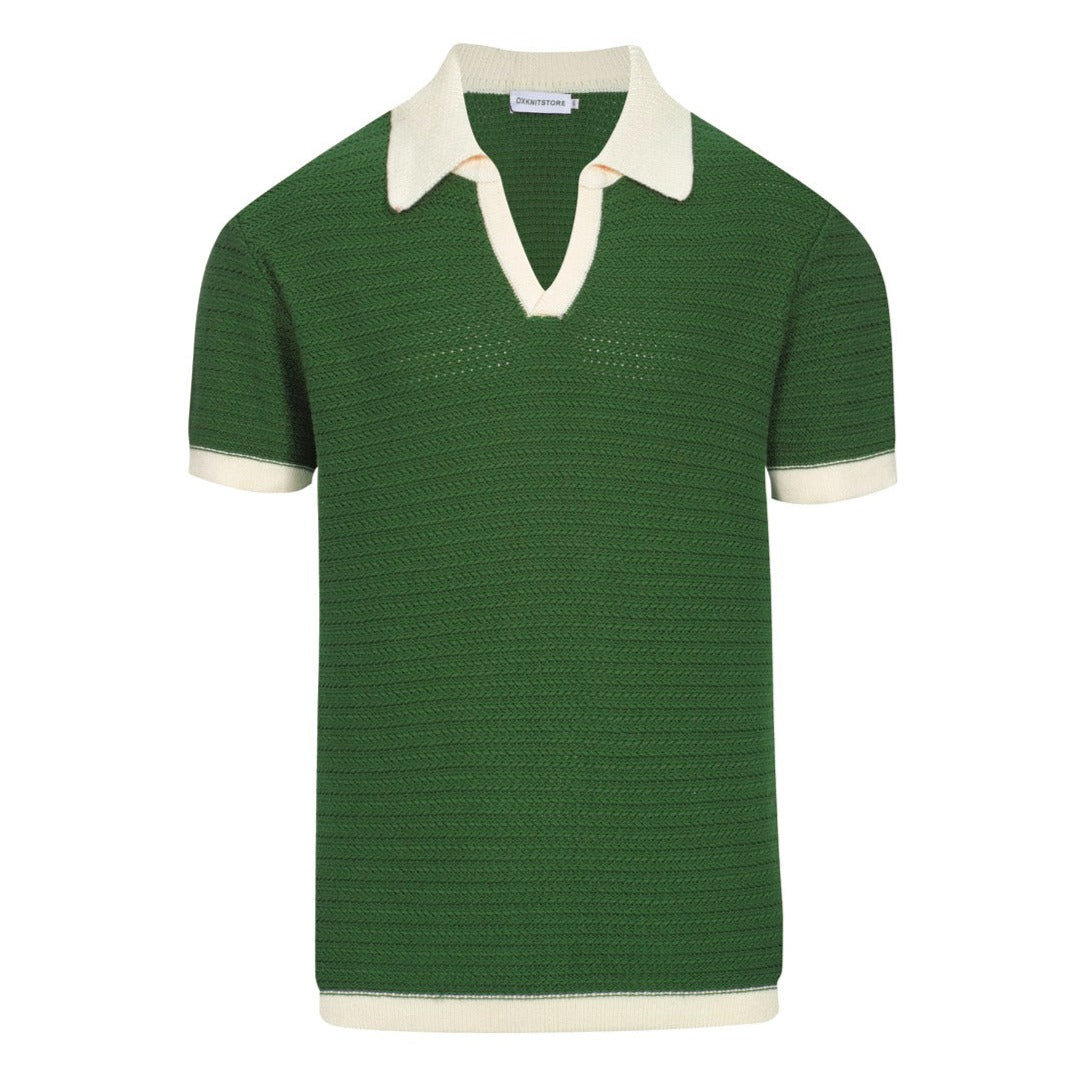 Herr 60s Mod Open Collar Polo – Grön med krämkant