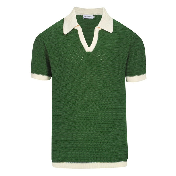 Herr 60s Mod Open Collar Polo – Grön med krämkant