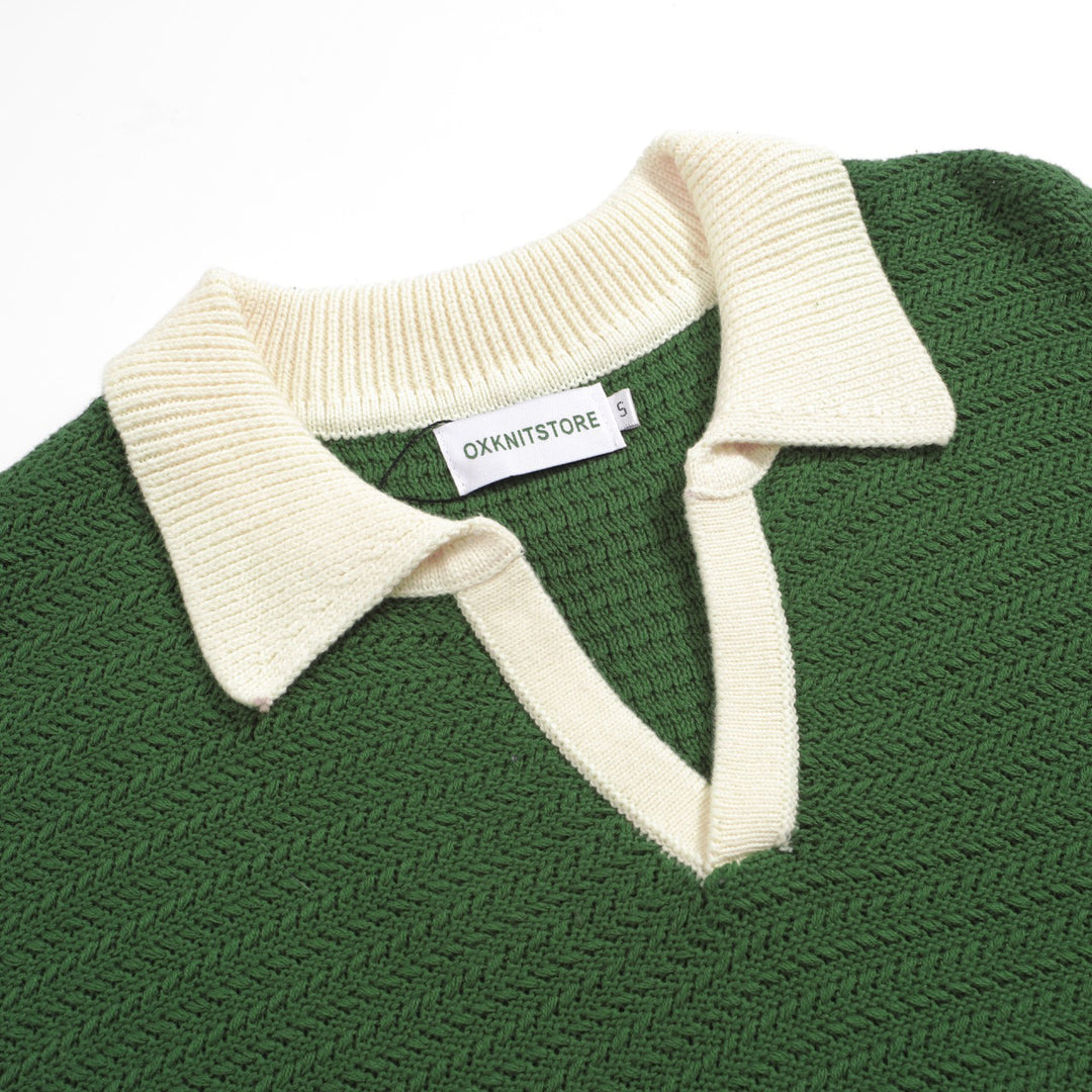 Herr 60s Mod Open Collar Polo – Grön med krämkant
