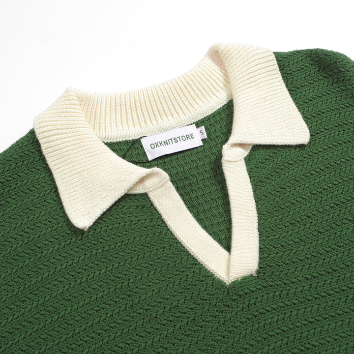 Herr 60s Mod Open Collar Polo – Grön med krämkant