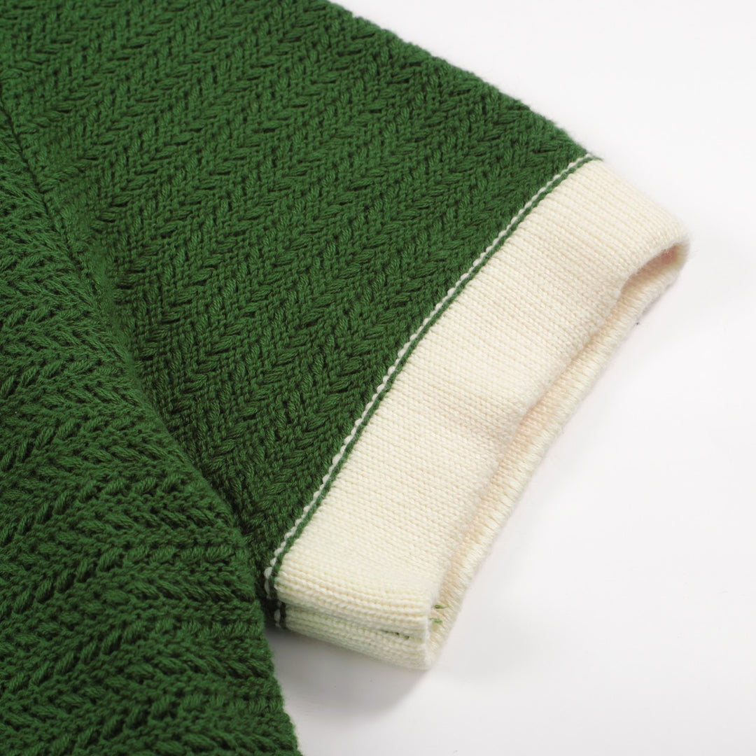 Herr 60s Mod Open Collar Polo – Grön med krämkant