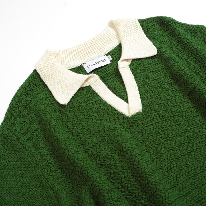 Herr 60s Mod Open Collar Polo – Grön med krämkant