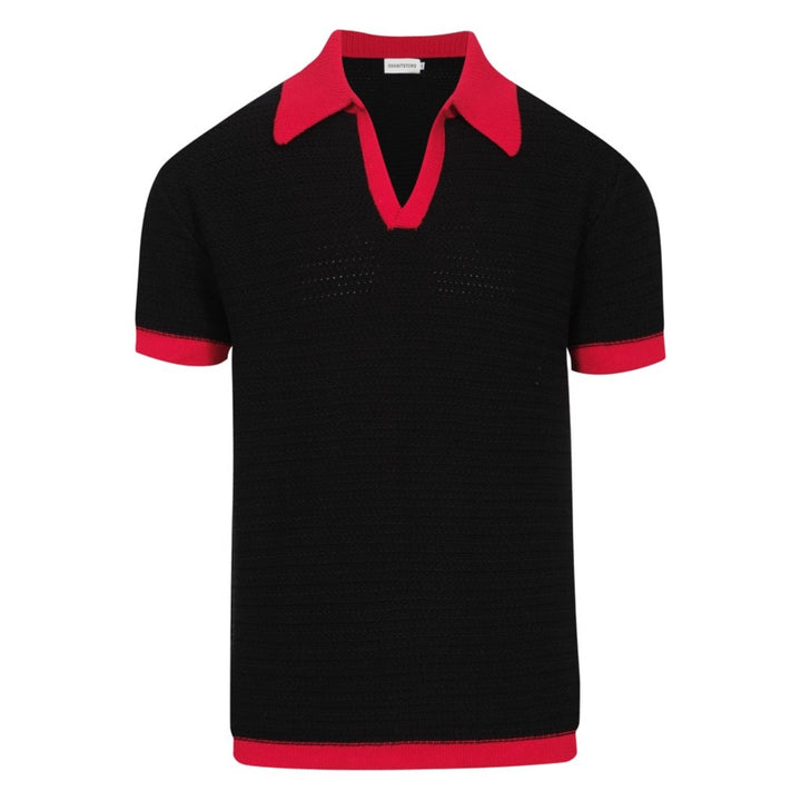 Polo en tricot rétro noir des années 70 pour hommes – Chemise à col en V contrastée rouge