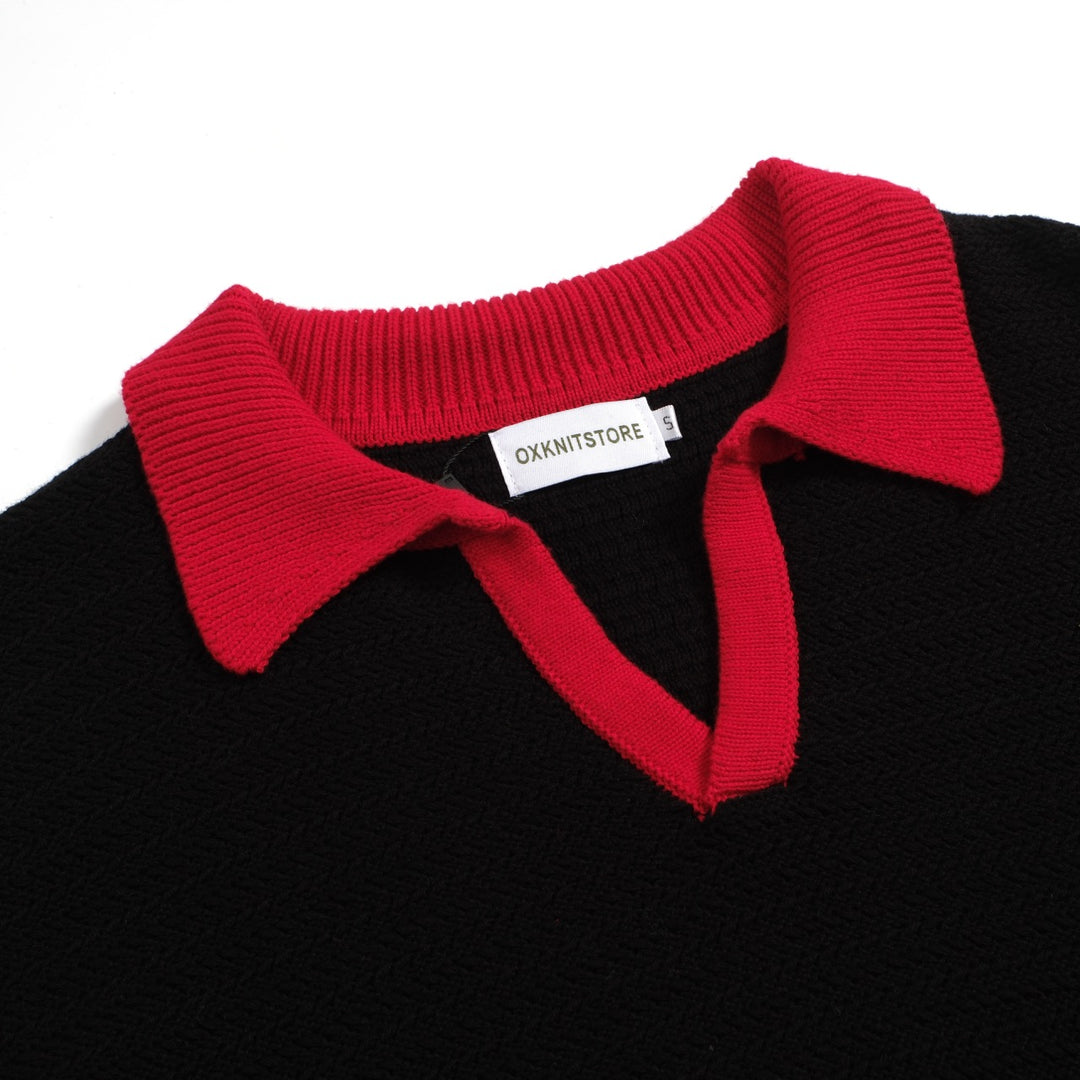 Polo en tricot rétro noir des années 70 pour hommes – Chemise à col en V contrastée rouge