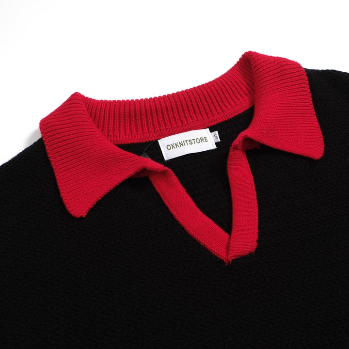 Polo en tricot rétro noir des années 70 pour hommes – Chemise à col en V contrastée rouge