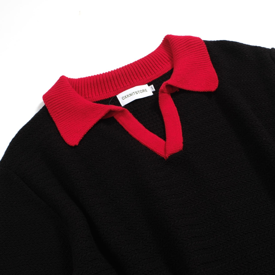 Polo en tricot rétro noir des années 70 pour hommes – Chemise à col en V contrastée rouge