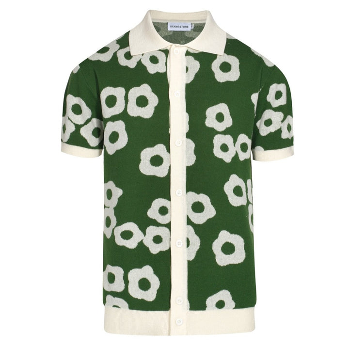 Polo masculino de malha floral verde Mod dos anos 60 – camisa retrô com botões