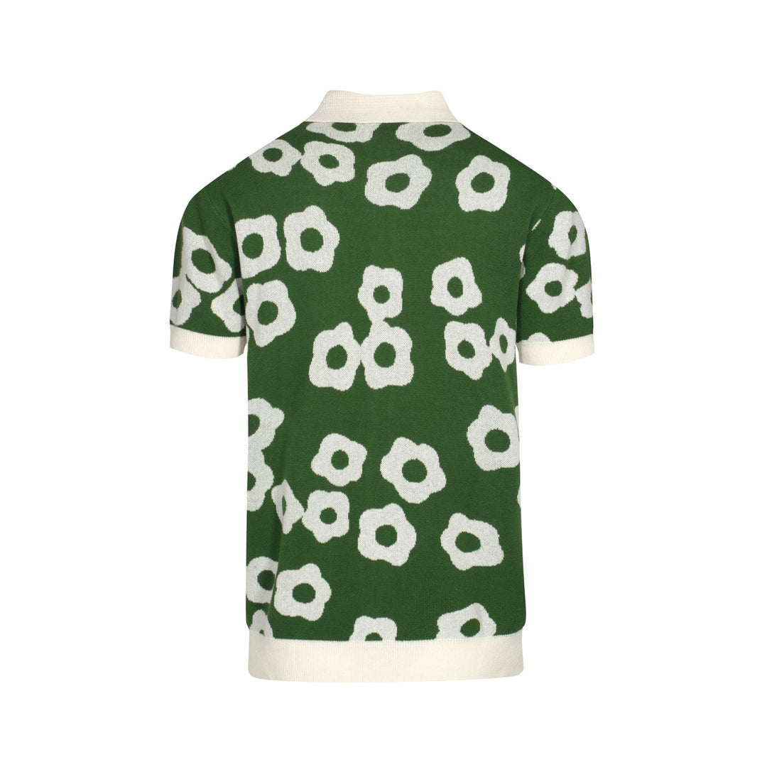 Ανδρικό 60s Mod Green Floral Knit Polo – Retro πουκάμισο με κουμπιά