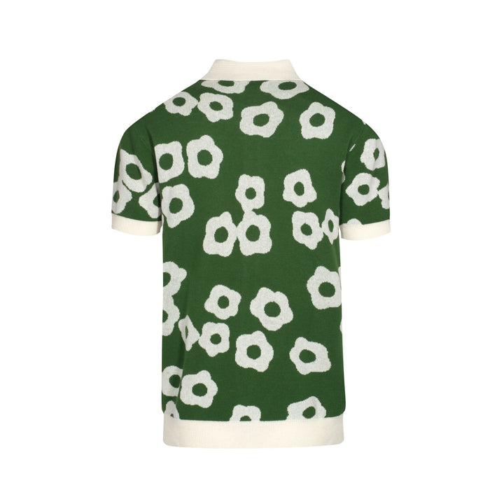 Polo masculino de malha floral verde Mod dos anos 60 – camisa retrô com botões