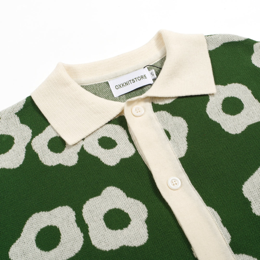 Ανδρικό 60s Mod Green Floral Knit Polo – Retro πουκάμισο με κουμπιά