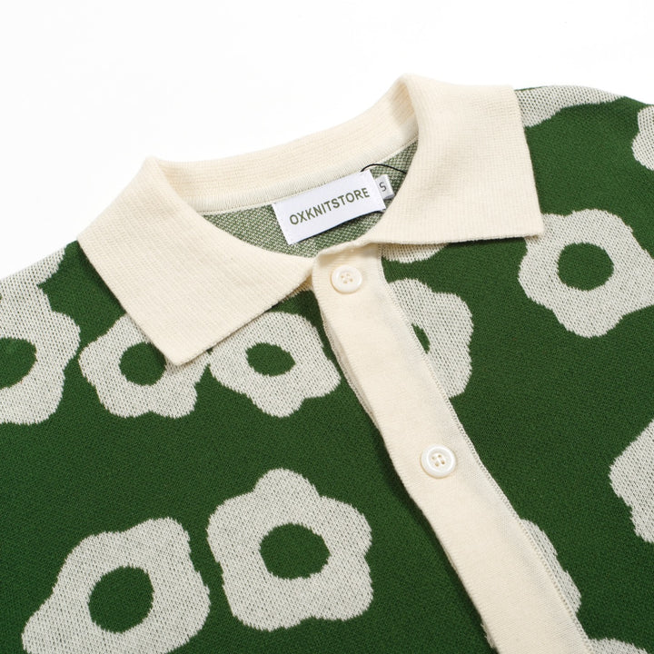Polo masculino de malha floral verde Mod dos anos 60 – camisa retrô com botões