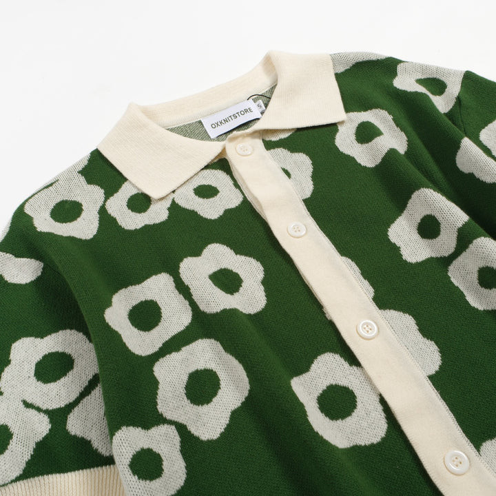 Polo masculino de malha floral verde Mod dos anos 60 – camisa retrô com botões