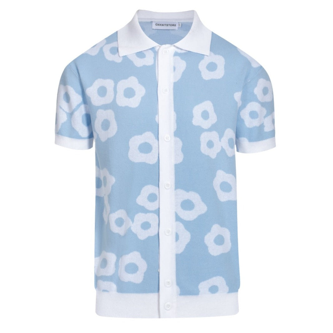 Polo da uomo in maglia azzurra anni '60 – Motivo floreale retrò bianco