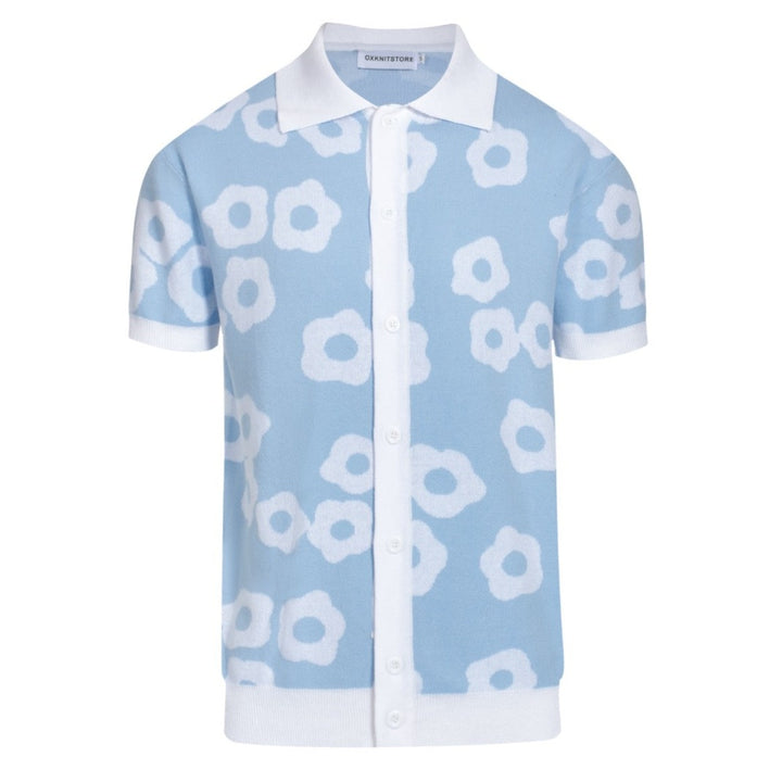 Polo da uomo in maglia azzurra anni '60 – Motivo floreale retrò bianco