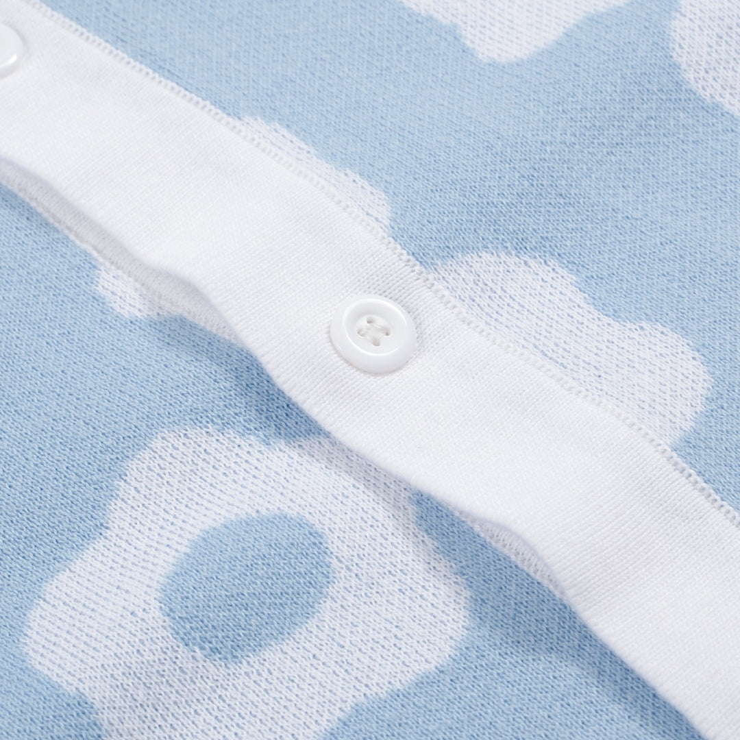 Polo da uomo in maglia azzurra anni '60 – Motivo floreale retrò bianco