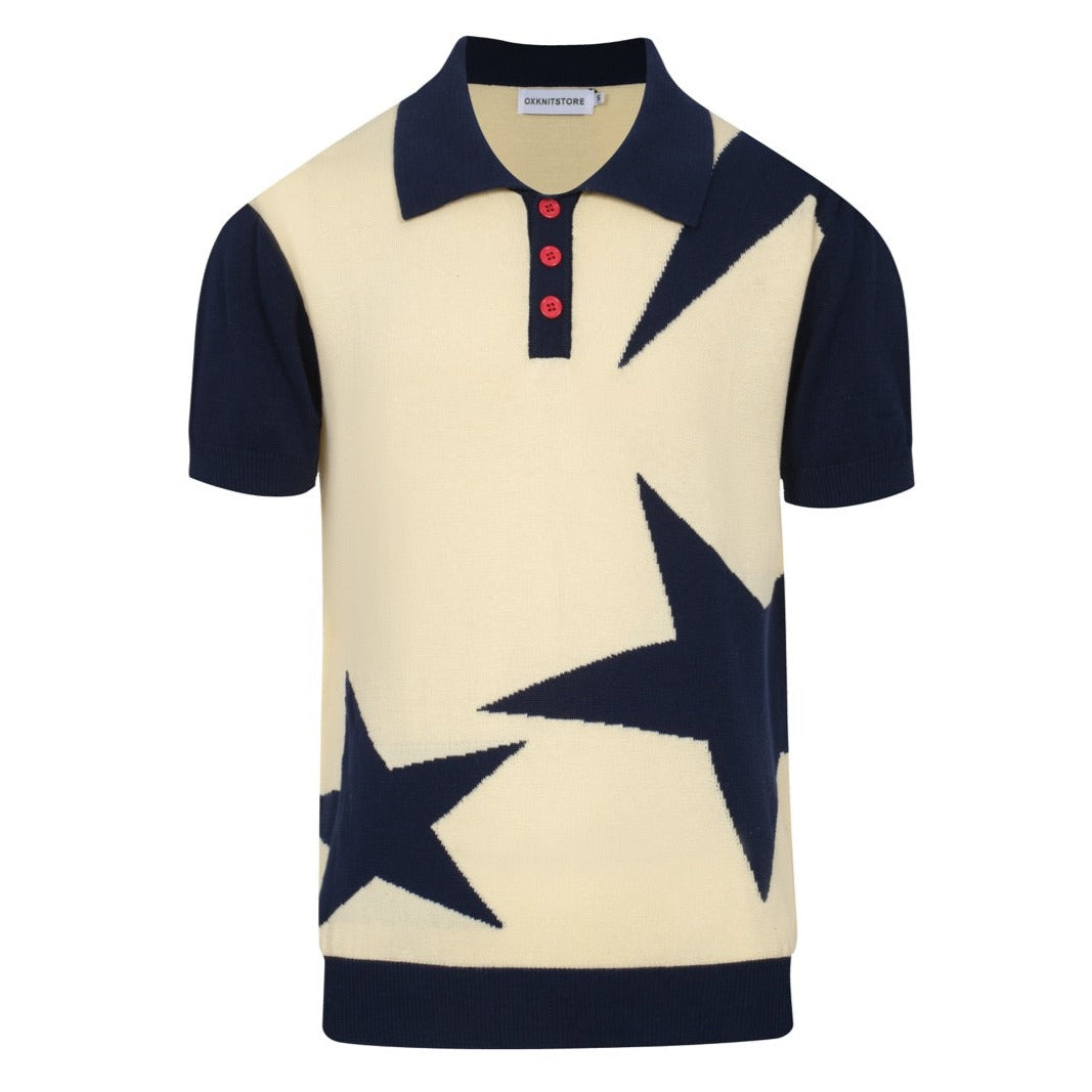Polo da uomo in maglia con stampa a stelle anni '60 - Blu navy & Stile retrò mod color crema