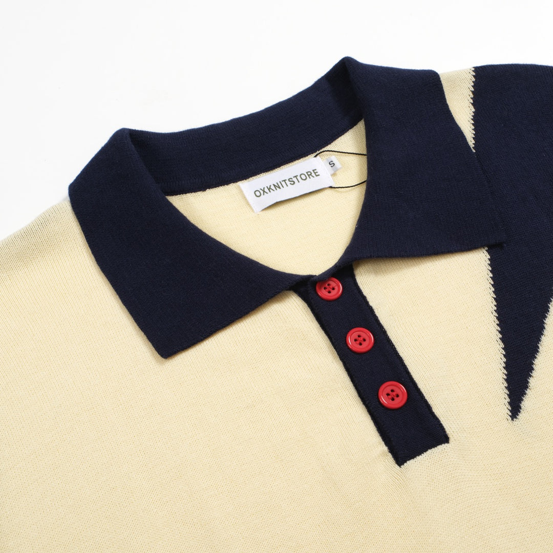 Polo da uomo in maglia con stampa a stelle anni '60 - Blu navy & Stile retrò mod color crema