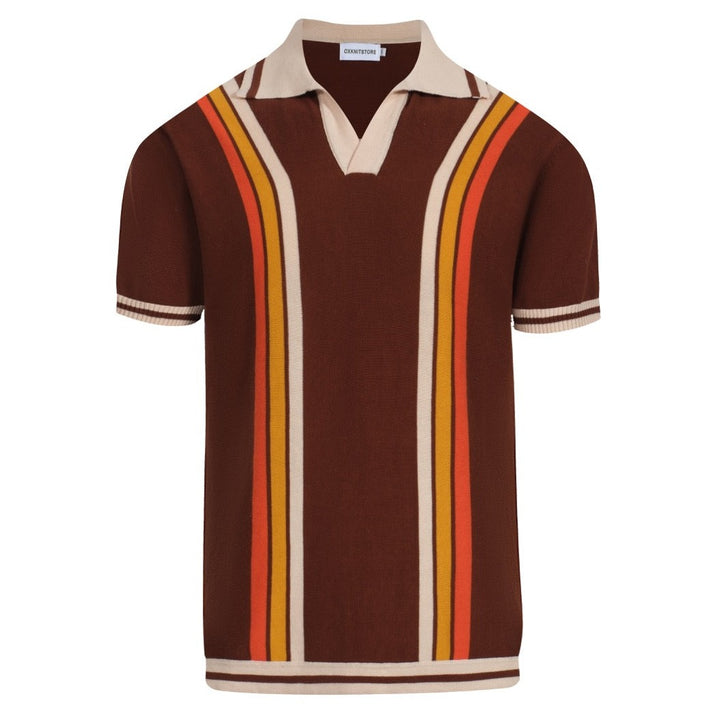 Polo Homme Tricot Rétro Marron Années 70 – Sunset Stripe Col V