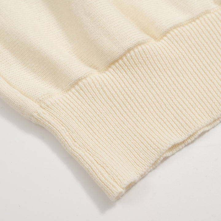 Polo en tricot vintage années 70 pour homme – Crème rétro et rouge & Rayures latérales bleu marine