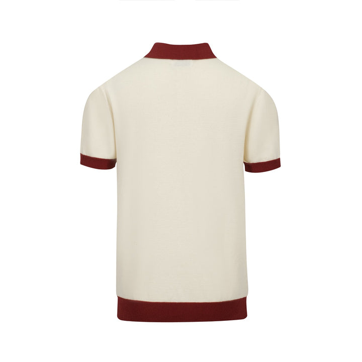 Men’s Vintage 1970s Knit Polo Shirt – Retro Cream with Rainbow Stripes and Burgundy Trim