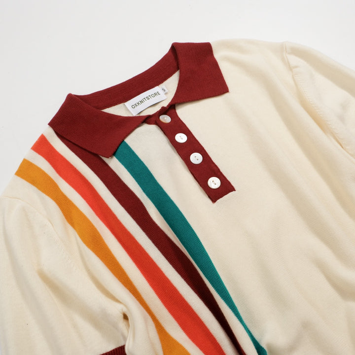 Men’s Vintage 1970s Knit Polo Shirt – Retro Cream with Rainbow Stripes and Burgundy Trim