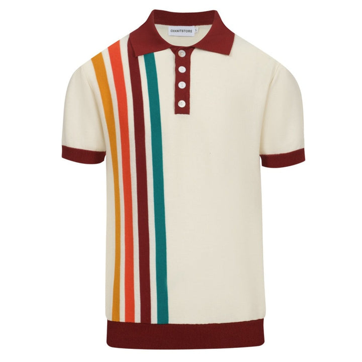 Men’s Vintage 1970s Knit Polo Shirt – Retro Cream with Rainbow Stripes and Burgundy Trim