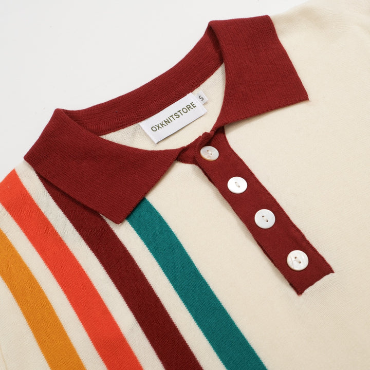 Men’s Vintage 1970s Knit Polo Shirt – Retro Cream with Rainbow Stripes and Burgundy Trim