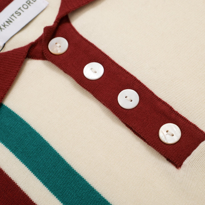 Men’s Vintage 1970s Knit Polo Shirt – Retro Cream with Rainbow Stripes and Burgundy Trim
