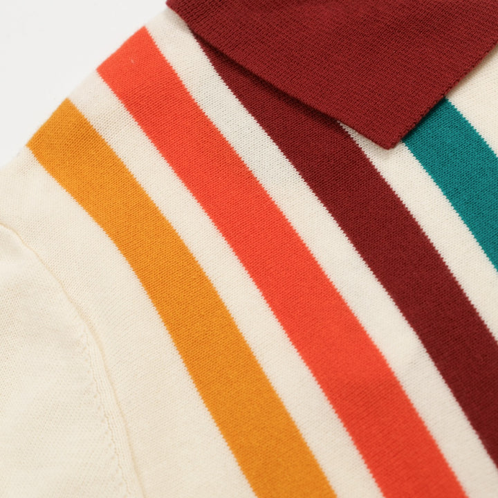 Men’s Vintage 1970s Knit Polo Shirt – Retro Cream with Rainbow Stripes and Burgundy Trim