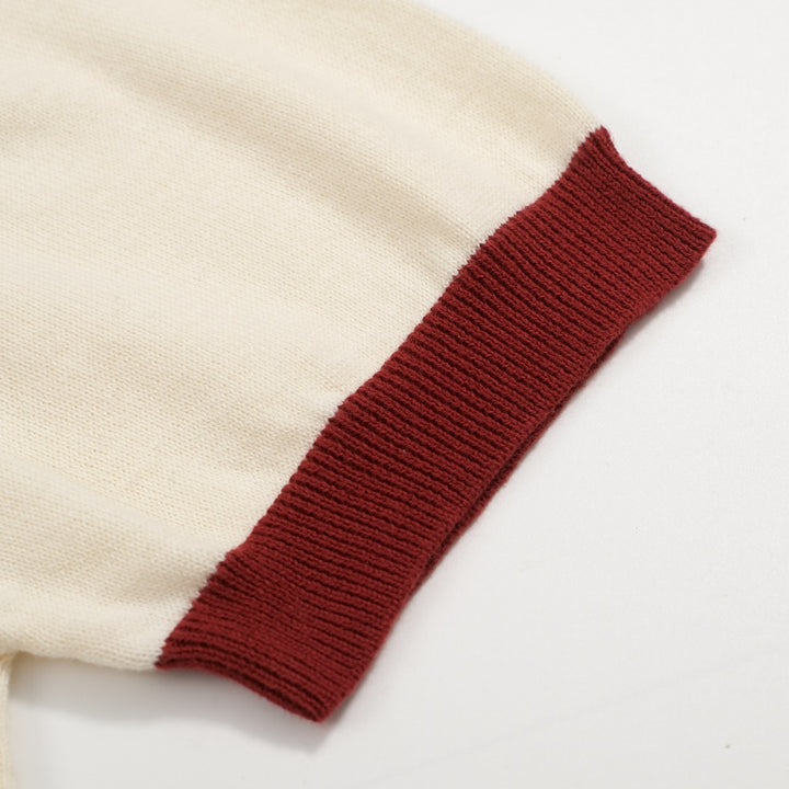 Men’s Vintage 1970s Knit Polo Shirt – Retro Cream with Rainbow Stripes and Burgundy Trim
