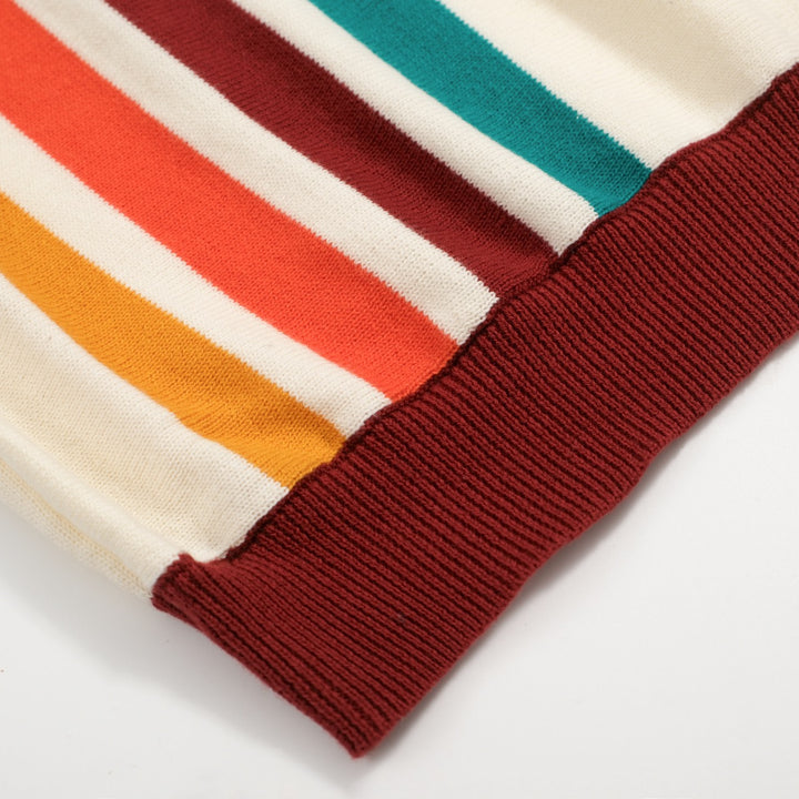 Men’s Vintage 1970s Knit Polo Shirt – Retro Cream with Rainbow Stripes and Burgundy Trim