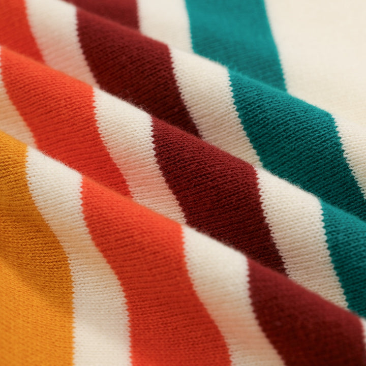 Men’s Vintage 1970s Knit Polo Shirt – Retro Cream with Rainbow Stripes and Burgundy Trim