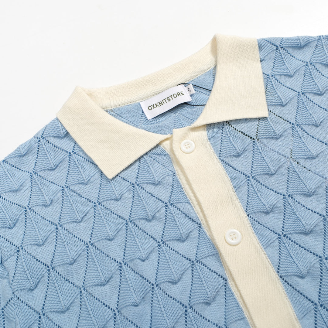 Men’s Vintage 1970s Knit Shirt – Retro Sky Blue Button-Up with Cream Trim