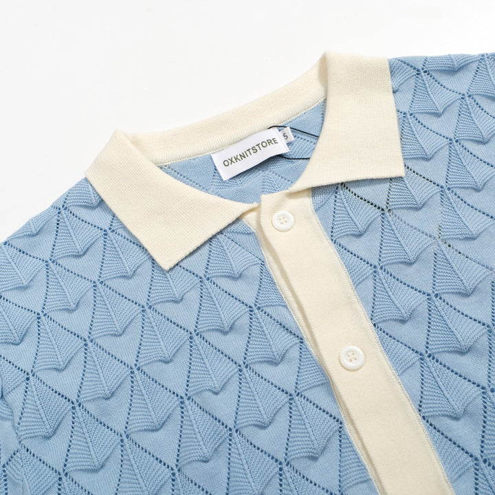 Men’s Vintage 1970s Knit Shirt – Retro Sky Blue Button-Up with Cream Trim