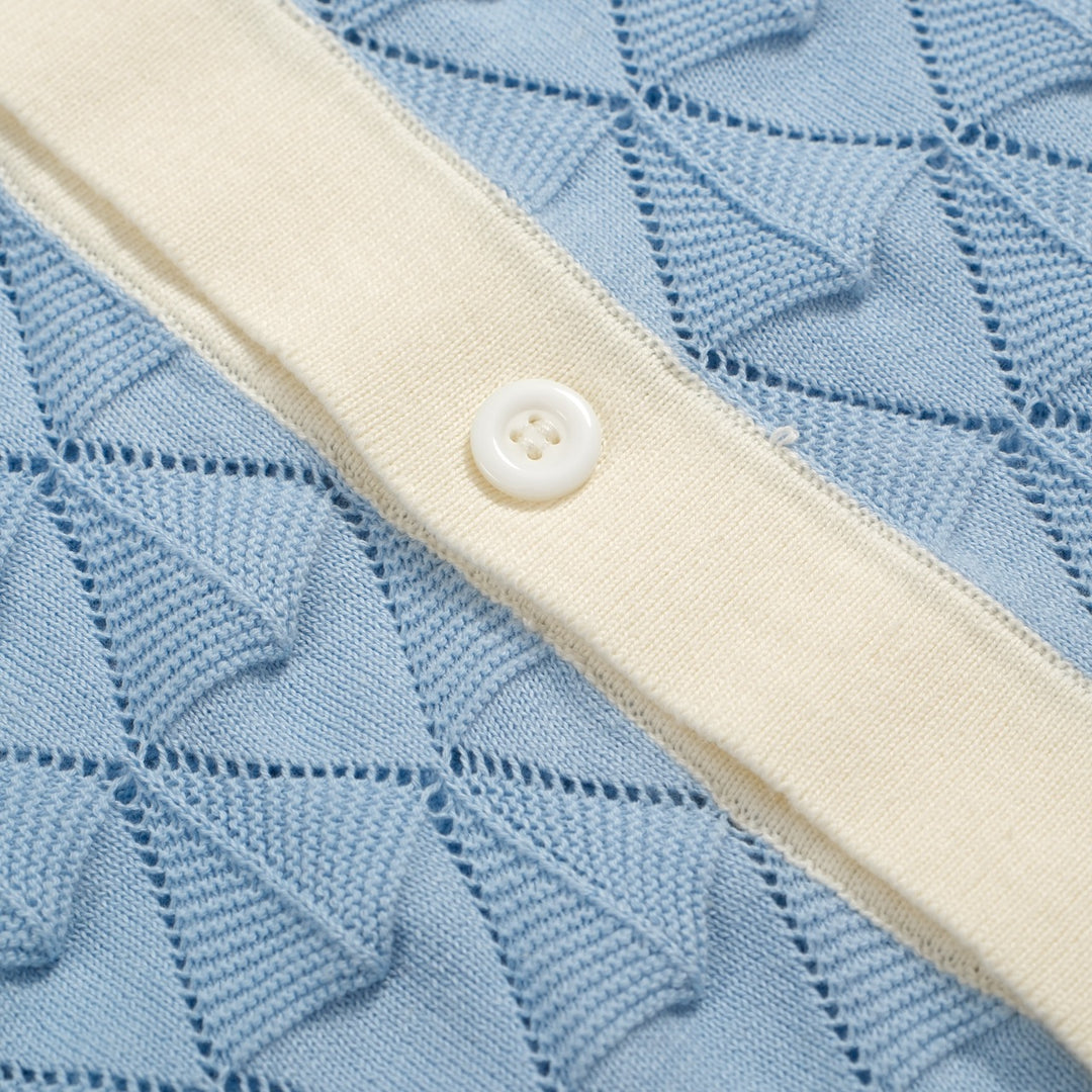 Men’s Vintage 1970s Knit Shirt – Retro Sky Blue Button-Up with Cream Trim