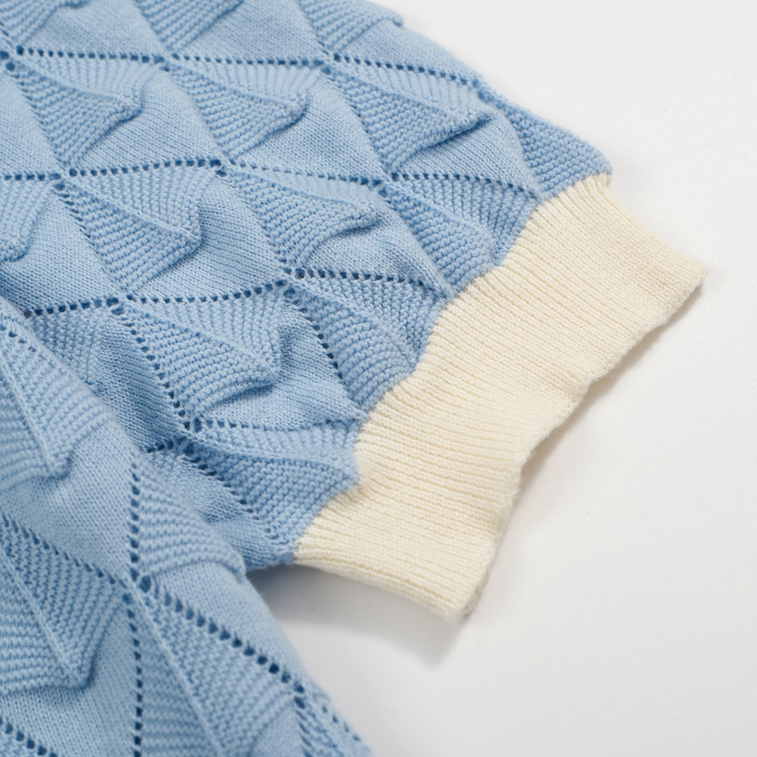 Men’s Vintage 1970s Knit Shirt – Retro Sky Blue Button-Up with Cream Trim