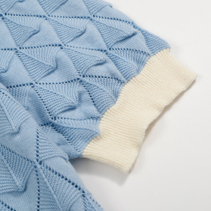 Men’s Vintage 1970s Knit Shirt – Retro Sky Blue Button-Up with Cream Trim