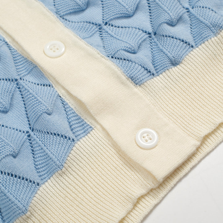 Men’s Vintage 1970s Knit Shirt – Retro Sky Blue Button-Up with Cream Trim