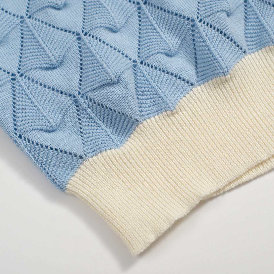 Men’s Vintage 1970s Knit Shirt – Retro Sky Blue Button-Up with Cream Trim