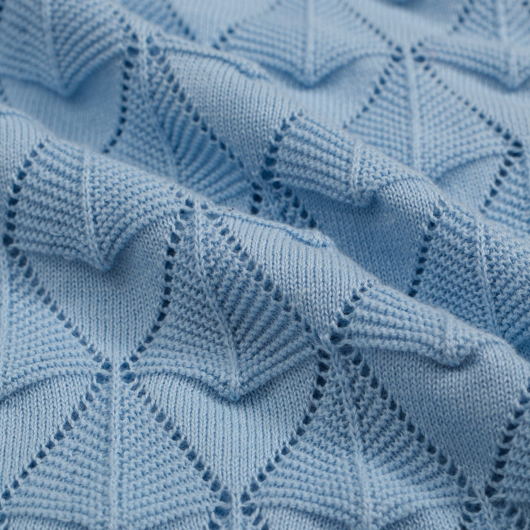 Men’s Vintage 1970s Knit Shirt – Retro Sky Blue Button-Up with Cream Trim