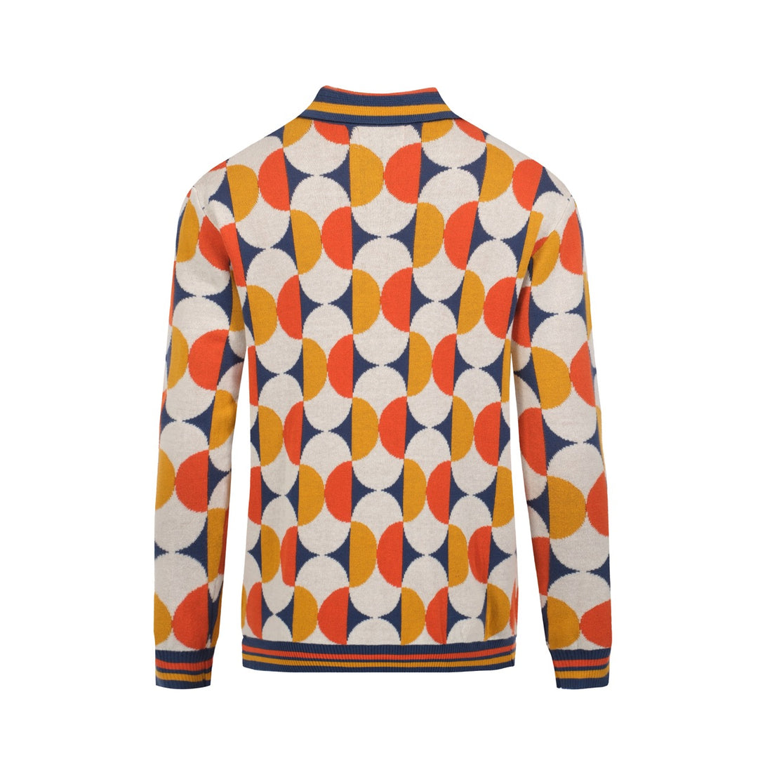 Geometrisk stickad kofta för män från 70-talet – färgglad retro tröja med knäppning