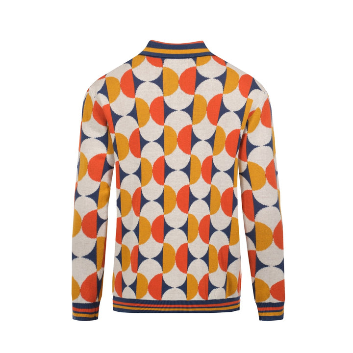 Geometrisk stickad kofta för män från 70-talet – färgglad retro tröja med knäppning