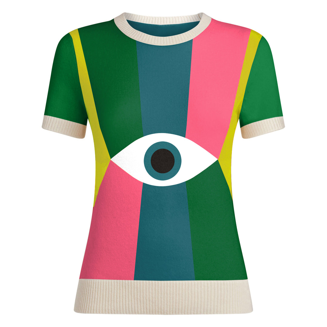 Frauen im Retro -Retro -Auge -Strick -T -Shar Kurzärmel Strickwege
