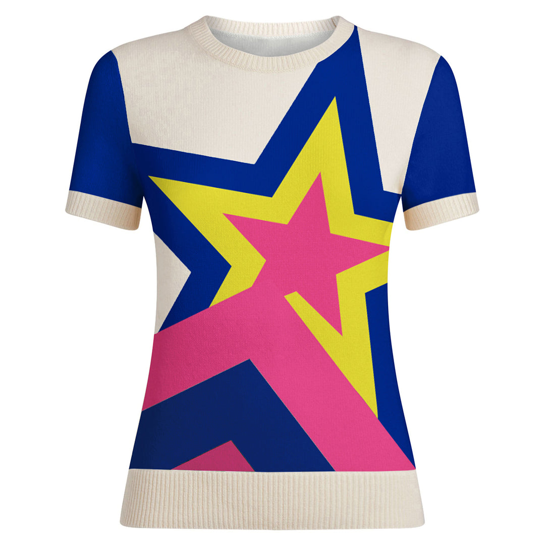 Women Retro Style Star Knitted Tee short Sleeves Knitwear
