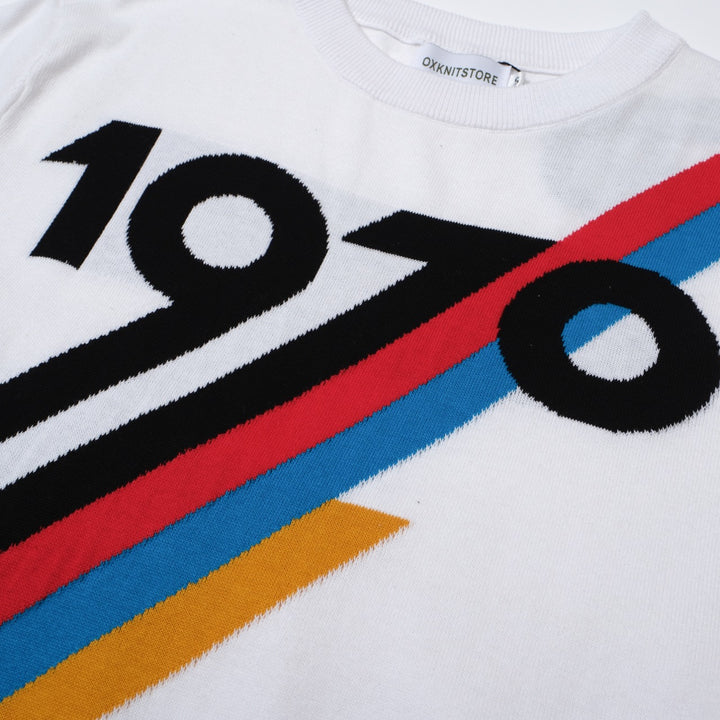 Men's 1970 Retro Graphic Knit Tee – White with Racing Stripes