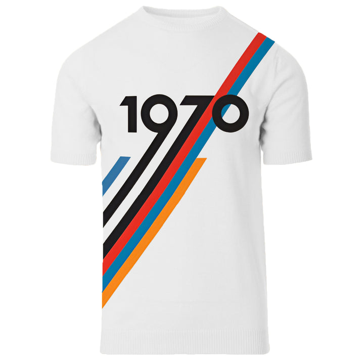 Men's 1970 Retro Graphic Knit Tee – White with Racing Stripes