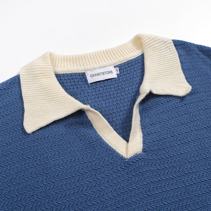 Gebreid herenpoloshirt uit de jaren 70 – brede kraag, retro korte mouw in marineblauw