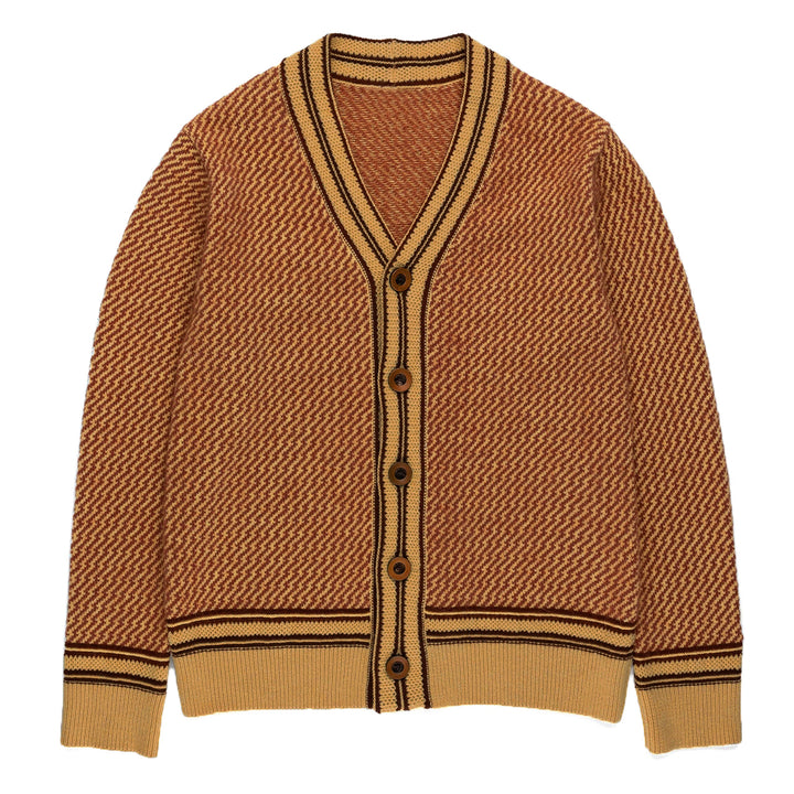 Men’s 60s Chevron Knit Cardigan – Brown & Rust Button-Up V-Neck