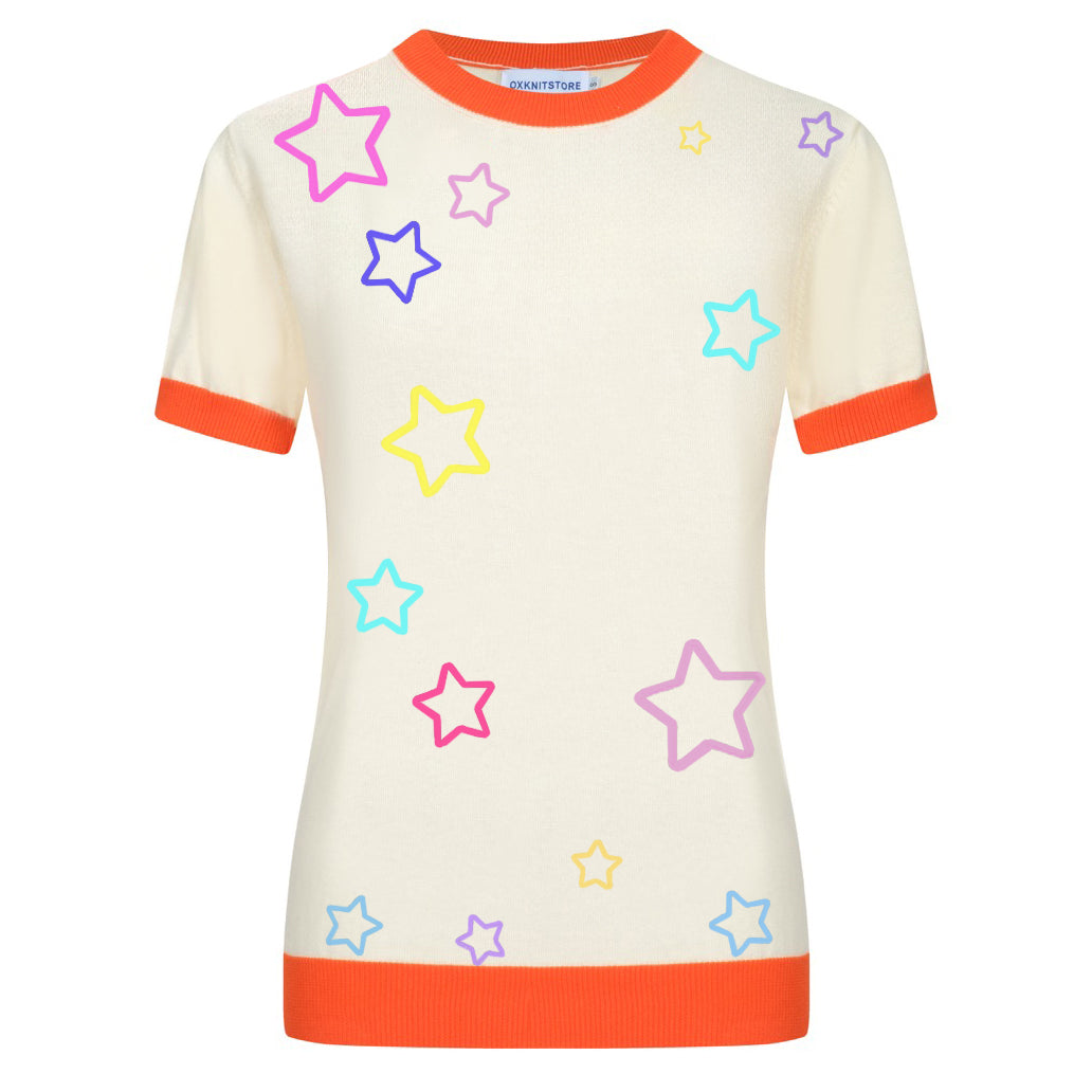 Women's Apricot Short Sleeve Knitted T-Shirt With Colorful Stars
